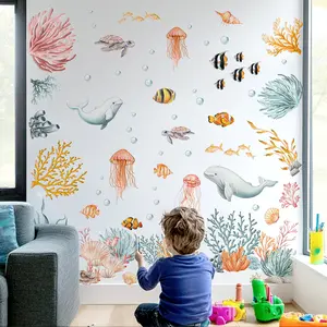 2D Flat Set of 9 Pcs 20×30cm Cartoon Hand Drawn Marine Life & Coral Glossy Frosted New Craft Wall Stickers for Bedroom Home Decor