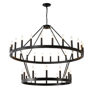 2 Tiers Wagon Wheel Chandelier Wooden Farmhouse 36-Light(24+12) or (12+24 ), Black Metal Chandeliers 2-Story  Light Fixtures Industrial for High Ceiling Living Dining Room Foyer.Adjustable Height    RR lighting  for  the  home