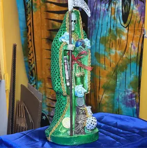 12-in Charged Santa Muerte Statue with Green Robe, Home Decor for Living Room and Room Use, Room Decor