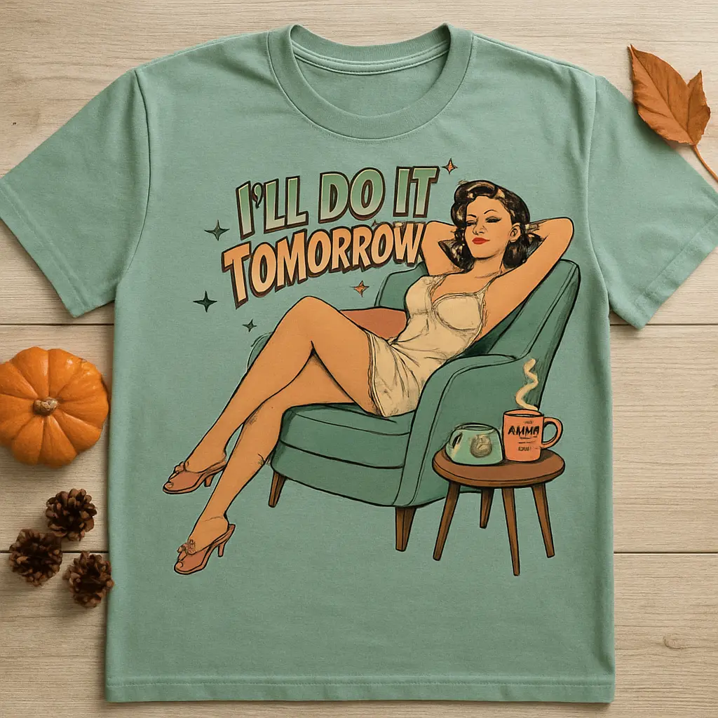 Women's "I’ll Do It Tomorrow" Graphic Apparel, Funny Procrastination Shortsleeve T-Shirt, Retro Pinup Design, Personalized Relaxed Fit Casual Unisex Top