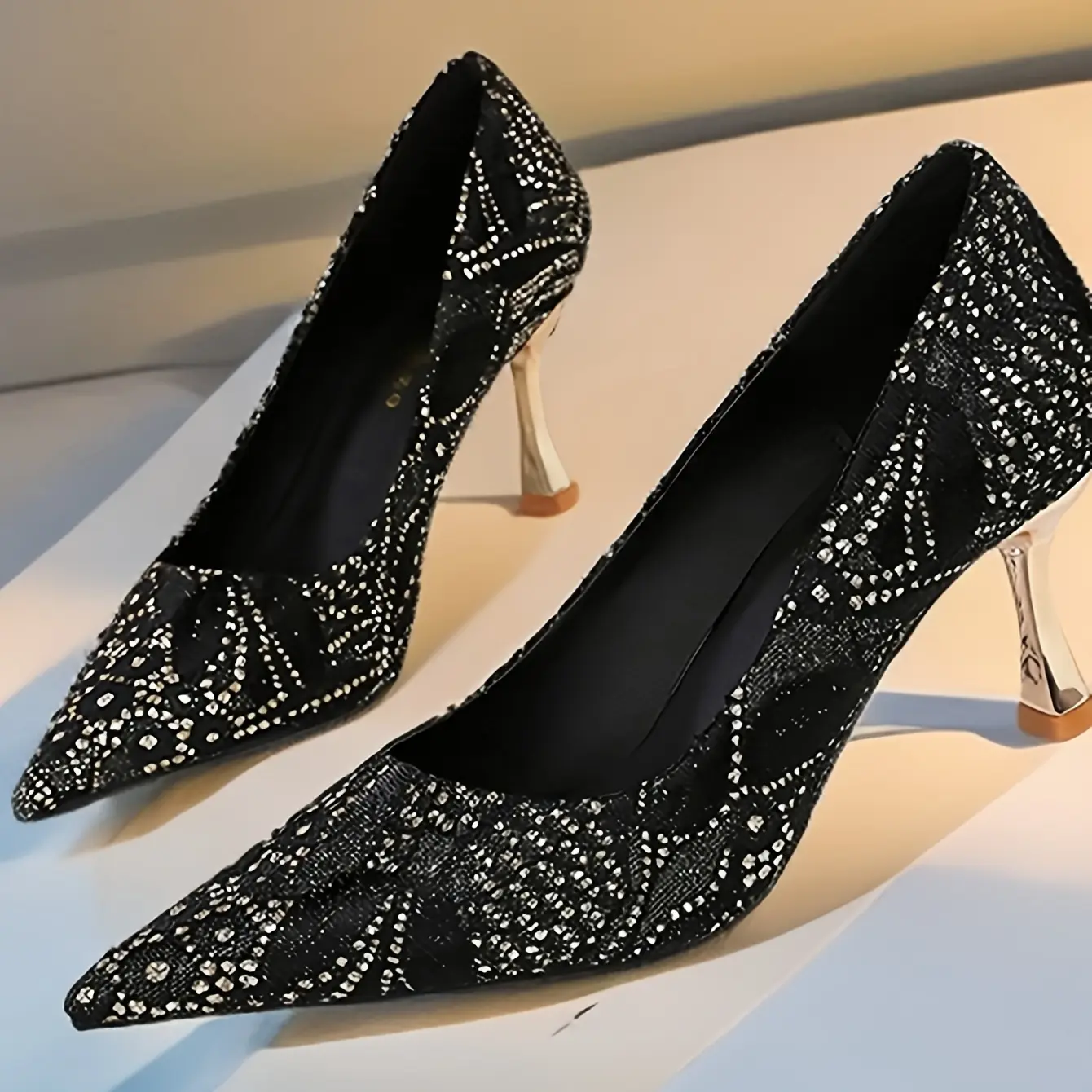 Elegant Black Sequined High Heels for Women - Wine Glass Stiletto, Metallic Pointed Toe, Fabric, Ideal for Nightclubs & Formal Events, Chic Party Shoes | Pointed Toe Heels | Durable Rubber Sole