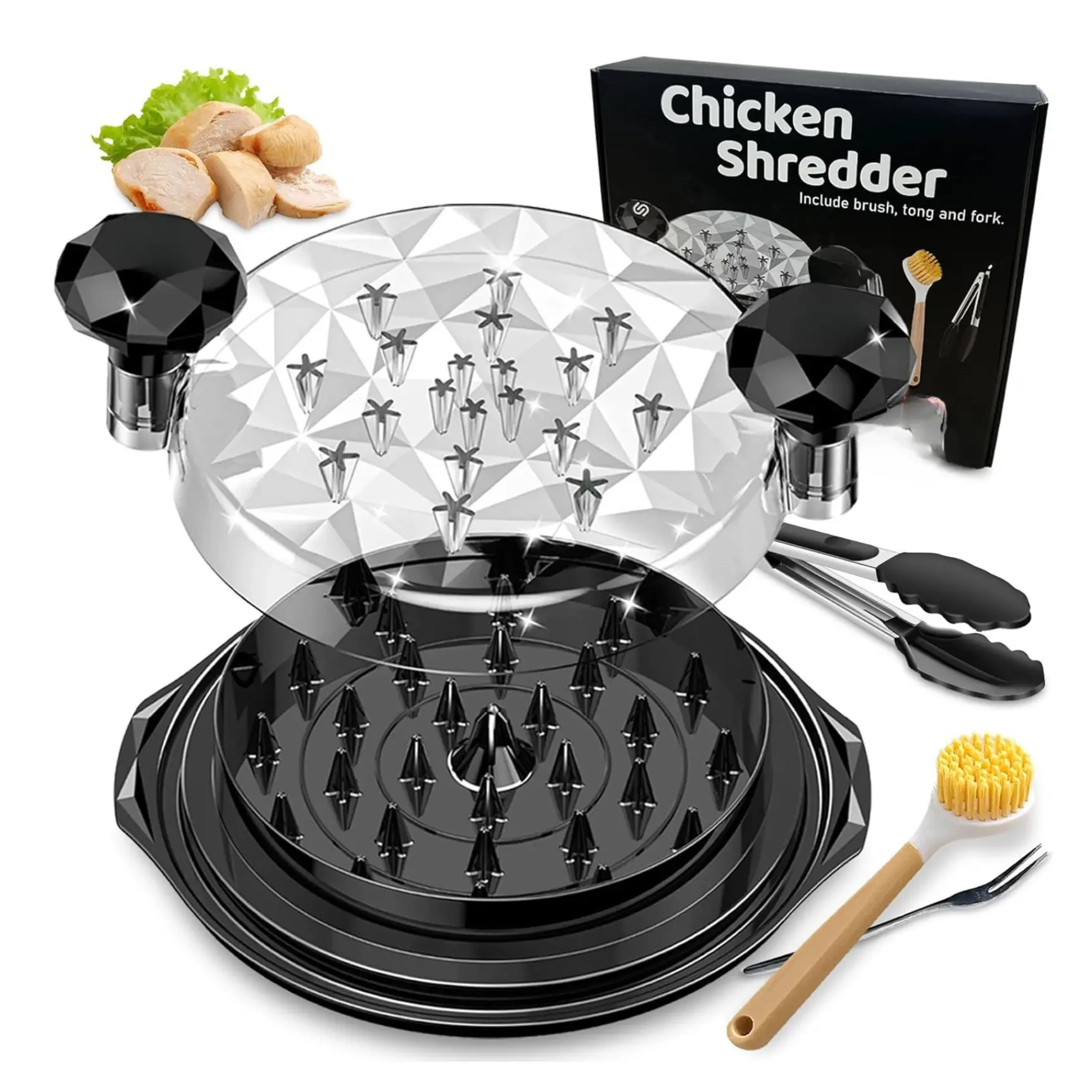 New Deal, 3 - in - 1 Pro Chicken Shredder Tool Twist - Large Meat Shredder with Cleaning Brush, Tong & Fork - Heat Resistant, Dishwasher Safe & Anti Slip - Chicken Breast Shredder for Steak Pork Beef, Chicken