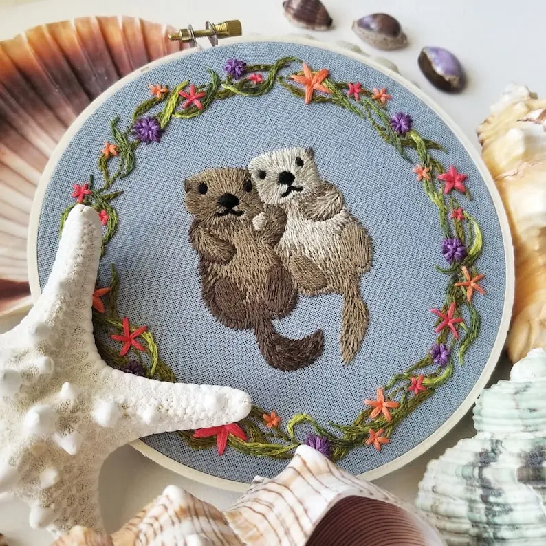 Sea otter hand embroidery kit "Otterly Adorable" with online video tutorial, DIY cute ocean animal craft project