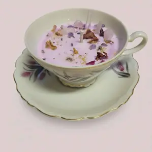 White Sage Lavender Soy Candle in Vintage Tea Cup with Crystals and Dried Flowers Unique Decorative Candle