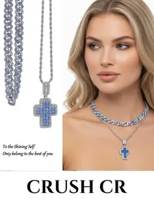 CRUSH CR Y2K Gothic Blue Cross Necklace Stack, Silver Plated with Sparkly Blue & Clear CZ Stones, Edgy Yet Elegant Statement Set, Perfect for Baddie OOTDs, Raves, TikTok Fits and Alt Streetwear