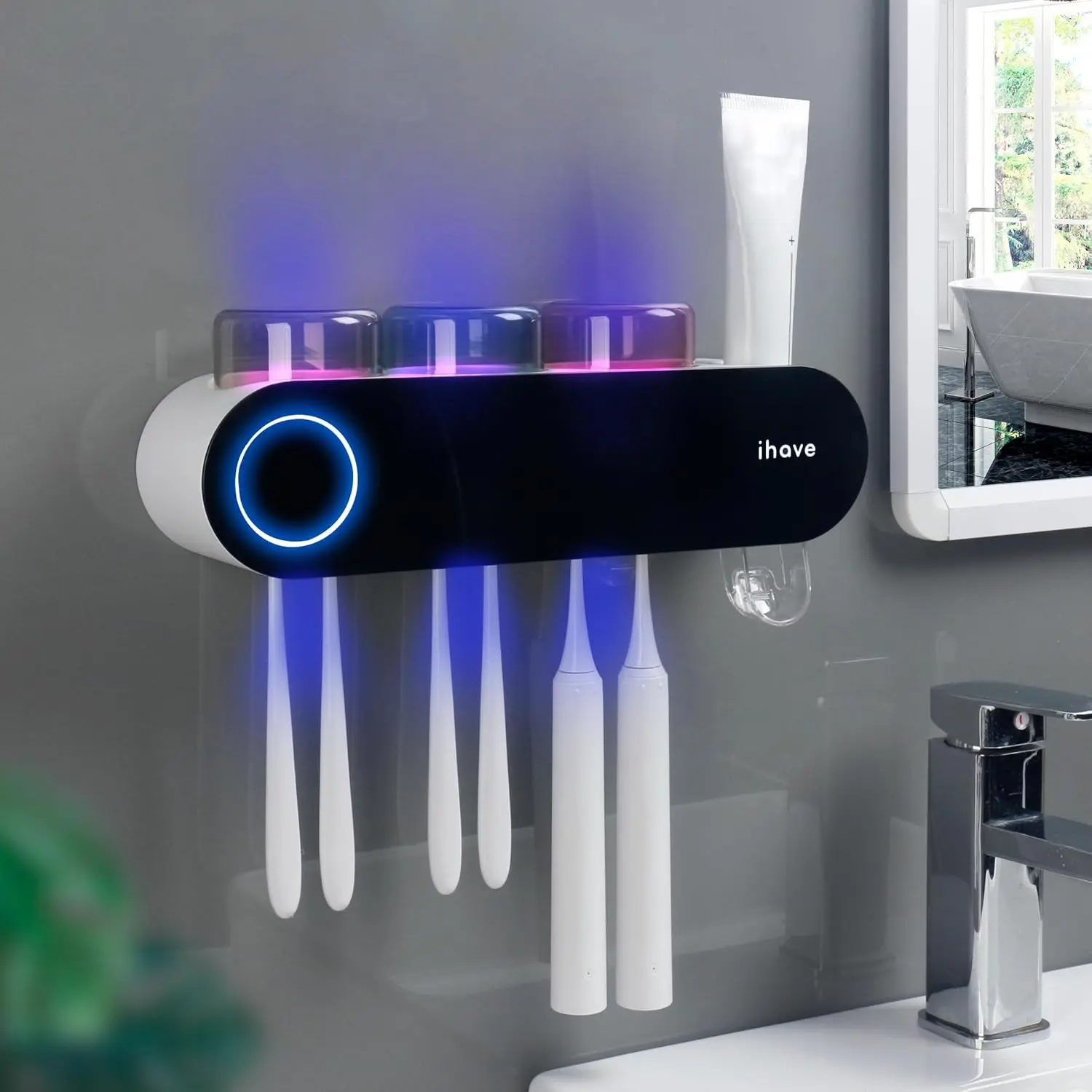 Black Wall-Mounted Electric Toothbrush Holder with 3 Cups, UV Sanitizer, Automatic Detachable Toothpaste Pusher, Lithium Battery, Adhesive Tape, Multifunctional Modern Smart Bathroom Accessory & Decor
