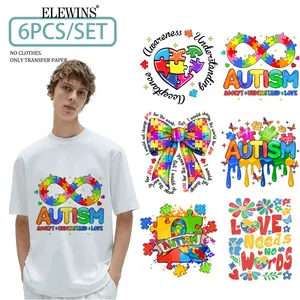 6 Pcs Autism Awareness Gold Foil DTF Transfer for Tshirt Hoodie Jeans Backpack Pillow Machine Washable Plastic Stickers Festival Gift Unisex
