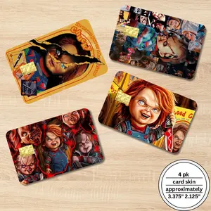 Killer Doll Horror Inspired Holographic Card Skin 4 Pack Scary Aesthetic Wallet Decor Spooky Card Cover Fits Most Debit Credit Gift Cards Easy Peel Stick No Sticky Residue Perfect for Spooky Season & Everyday Use