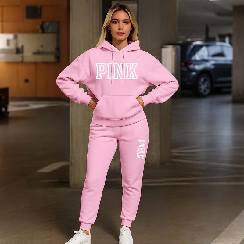 Women's Pink Print Hoodie And Drawstring Track Pants Set, Casual Sportswear, Long-Sleeved Hooded Jacket And Pants, Suitable For Autumn And Winter, Everyday Wear, Indoor And Outdoor Sportswear, Casual Sportswear.