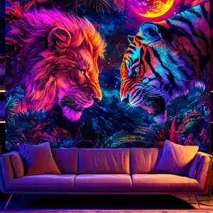 UV blacklight reactive lion & tiger tapestry with tropical foliage and cosmic design. 78.74x59.06 inch fluorescent party banner for living room, bedroom, or office. No electricity needed, glowing effect fabric.