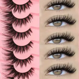 7 Pairs of Cat Eye Lashes with Wings, Natural Length, Transparent, D-Curl, Reusable Makeup Extensions for Beginners, for Cosplay & Everyday Use, False Eyelashes Kit