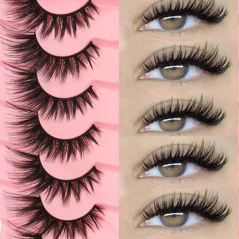 7 Pairs of Cat Eye Lashes with Wings, Feline Lash Look, Natural Length, Transparent, D-Curl, Reusable Makeup Extensions for Beginners, for Cosplay & Everyday Use, False Eyelashes Kit