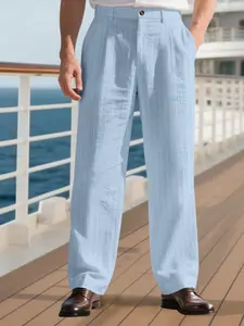 Cross-Border American Style New Autumn Men's Linen Loose-Fit Breathable Minimalist Casual Vertical Stripe Design Pocket Straight-Cut Suit Pants