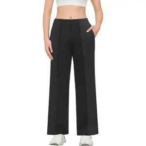 Wide Leg Pants Woman: High Waisted Yoga Pants with Zipple Pockets - Women's Stretchy Business Petite Trousers
