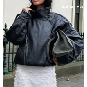 Black Leather Jacket Women Jacket Autumn Winter Oversized Asymmetric Zipper Coat New Coats and Jackets Long Sleeve Biker Jacket Street Style Jacket