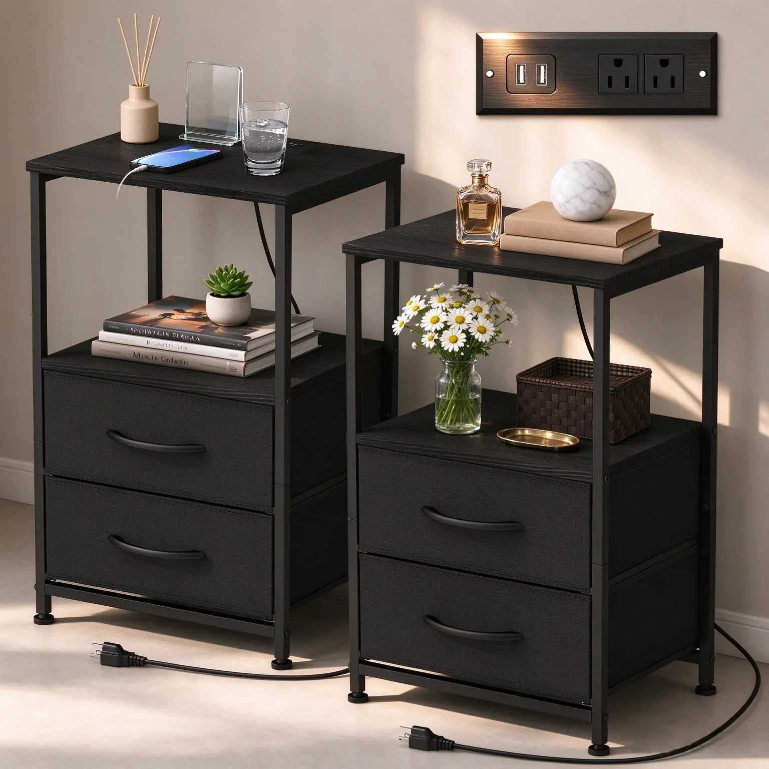 2-Pack Nightstand with Charging Station, End Tables with 2 Fabric Drawers & Open Storage Shelf, Bedside Tables with 2 AC Outlets and 2 USB Ports, Metal Frame Side Tables for Bedroom Living Room, Black