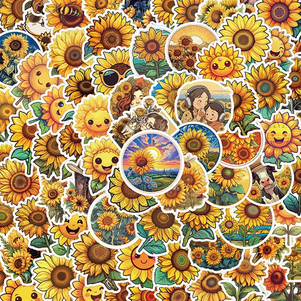 Sunflower Pattern Sticker, 100pcs/set Waterproof Decorative Sticker, DIY Decals for Phone Case, Laptop, Notebook, Helmet, Skateboard