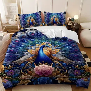 Bedding 3-piece set - 3PCS,Blue and Gold Peacock Floral Design Down Comforter Set (1 comforter cover + 2 pillowcases, filling not included) - soft and comfortable, suitable for family bedrooms.