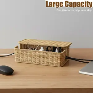 Handwoven Rattan Desktop Cable Management Box Cover, Plastic Wire Organizer, Hidden Socket Plug Box, Natural Look Workspace Solution, Cord Organizer, Office Accessories, Desk Organizer Tidy