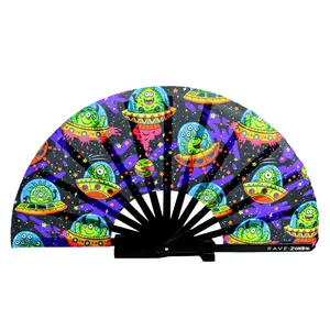 Alien Invasion UV-Reactive Hand Fan | Foldable Bamboo Ribs | Premium Polyester Fabric | Matching Holster | Rave Fan | Festival Fan Decor Light Lightweight Accessory Foldable Cooling Wooden
