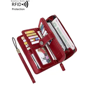 Women's Elegant Solid Color Long Wallet with Wrist Strap, RFID Blocking Anti-Theft Zipper Purse, Large Capacity Multi-Functional PU Leather Wallet for Daily Use