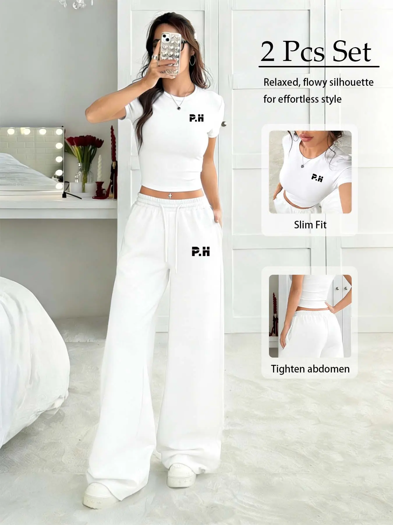 Women Solid Color Slim Fit Short Sleeve Crop Top & Drawstring Wide Leg Pants Two Piece Matching Set Outfit, High Waist Tummy Control, Soft Breathable Fabric, Perfect for Daily Outings, Lounging & Casual Wear, Womenswear