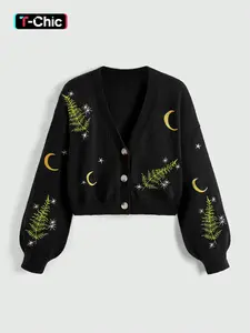 Women's V Neck Button Front Plant Embroidery Long Sleeve Sweater Tops, Knitwear, Casual Loose-Fit Short Knitted Cardigan for Fall & Winter, Moderate Fabric Thickness，Botanical Stellar Embroidery