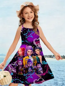 Girls Kpop Korean Summer Strap Dress, Cyber Neon Sleeveless Tank Top, Starburst Cute Pet 3D Creative Print Dress