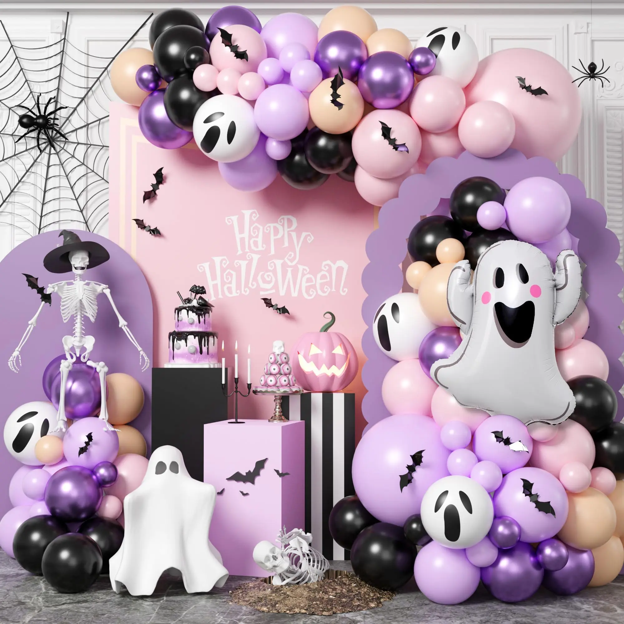 Pink Black Purple Balloon Arch Kit - Foil Star Boo Balloons For Girls' Spooky Birthday Party Decorations