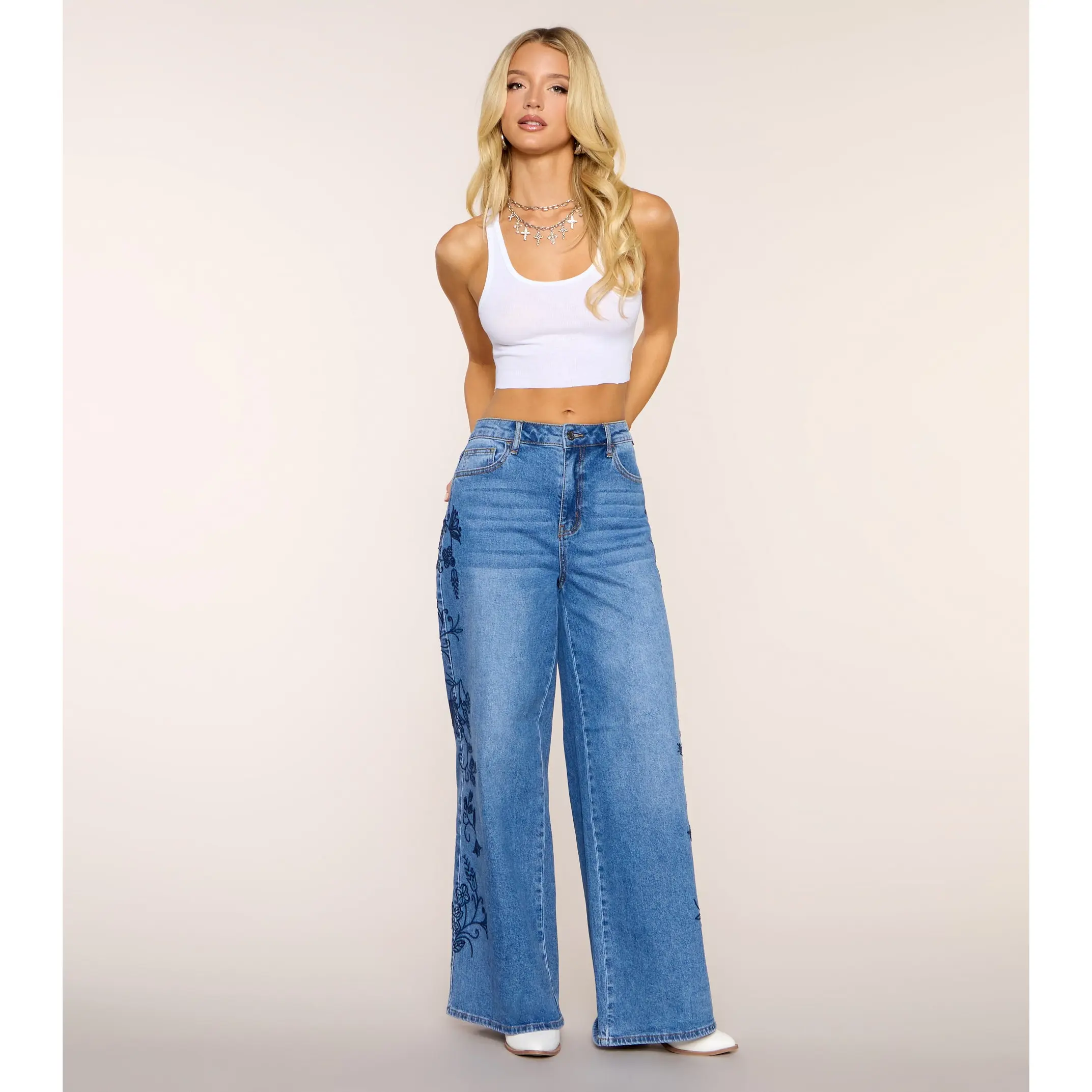 Daydream Stitch Wide-Leg Denim Jeans