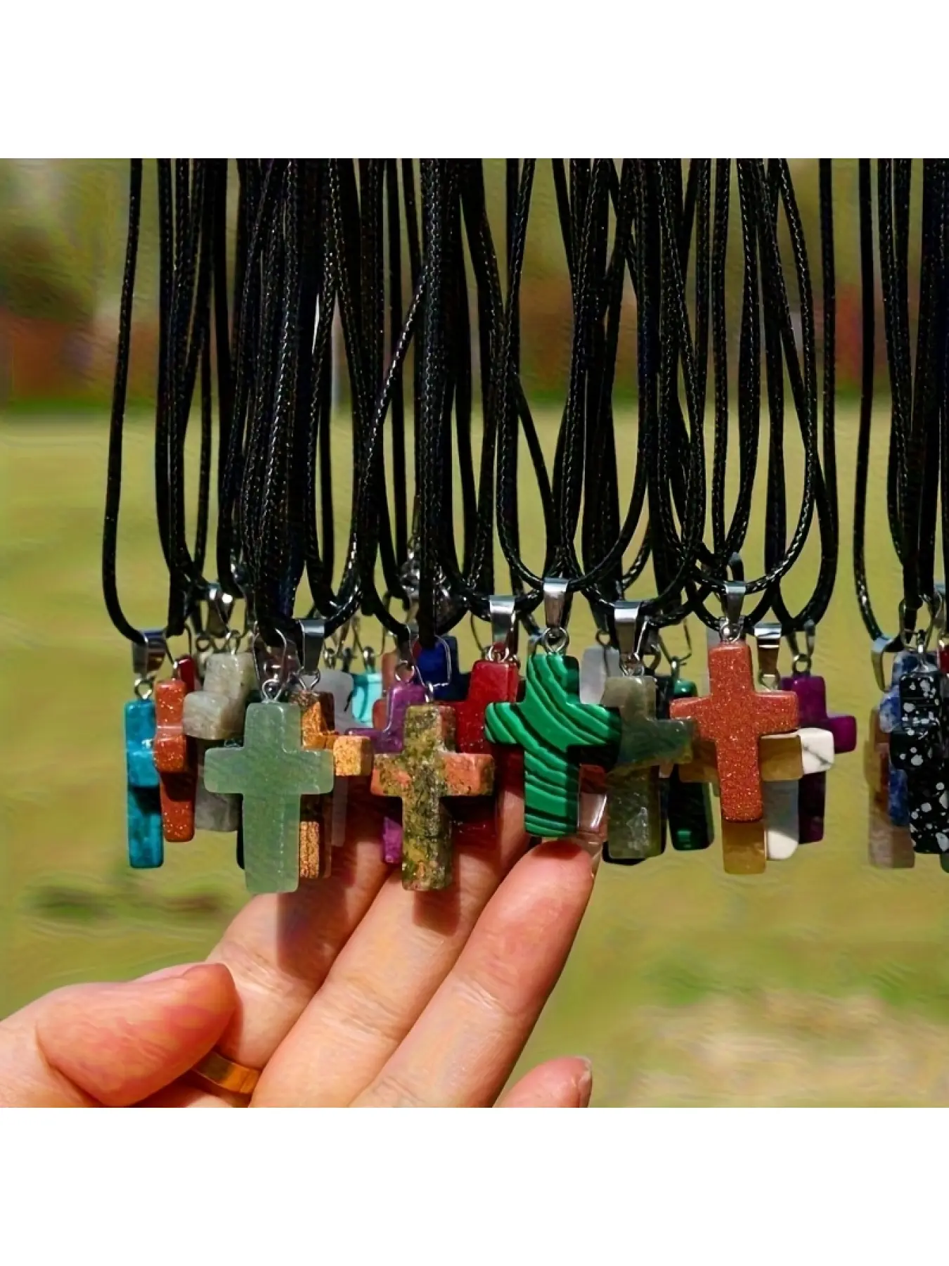 30PCS Natural Stone Cross Chakra Pendant Necklace Set Grunge Cross Necklace with Black Leather Cord DIY Jewelry Making Kit for Christmas Easter Birthday Gift Assorted Necklaces (30 Pendants + 30 Chains)