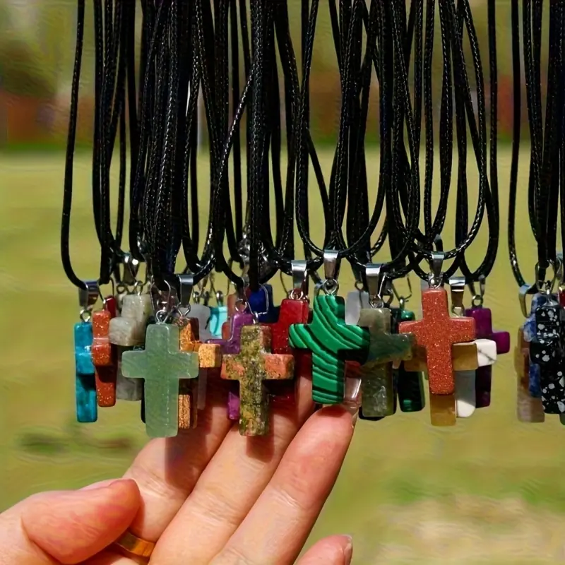 30PCS Natural Stone Cross Chakra Pendant Necklace Set Layering Necklaces Grunge Cross Necklace with Black Leather Cord DIY Jewelry Making Kit for Christmas Easter Birthday Gift (30 Pendants + 30 Chains)