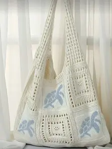 Women's Summer Beach Handbag, Turtle Pattern Crochet Design, Large Capacity Open Top Bag, Polyester, Casual Outdoors, Boho Style, Lightweight Beach Bag, Handcrafted Bag