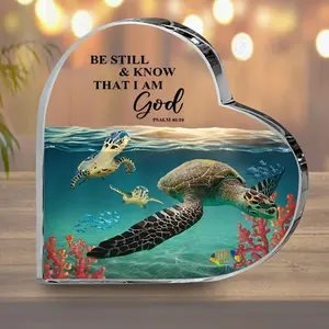 Turtle Pattern Acrylic Plaque, 1 Count Religious Gift for Friend, Heart Shaped Desk Decor for Home Room Office, Desktop Ornament