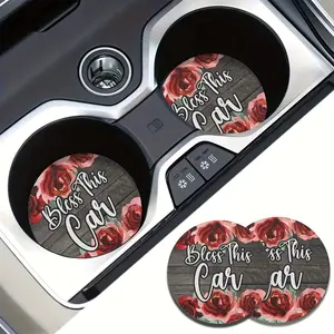 2pcs Bless This Car & Rose Pattern Absorbent Car Cup Holder Coaster Mats, Car Interior Accessories, Girly Car Accessories, Water Cup Coasters for Cars & Home Desks