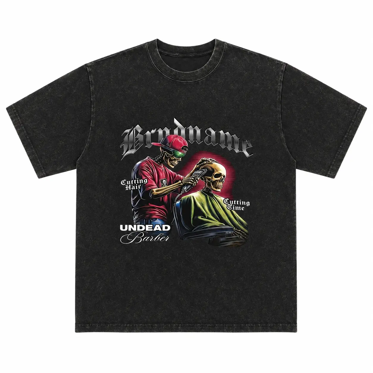 Undead Barber Skull Graphic Tee - Vintage Washed Barber Shop T-Shirt, Edgy Streetwear Oversized Hairdresser Shirt for Men & Women