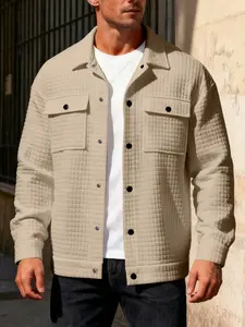 Men's outdoor plain simple lapel buttoned waffle weave workwear jacket, with a fashionable and versatile design, suitable for daily wear, urban commuting and activities, etc., suitable for daily casual wear in autumn and winter, Winter Fashion Clothing