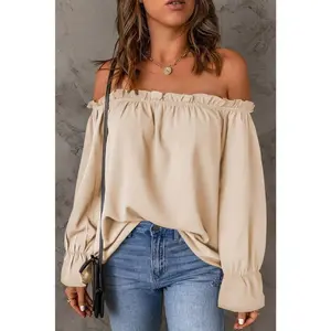 Women's Off Shoulder Top Ruffle Long Sleeve Chiffon Blouse Casual Loose Shirts