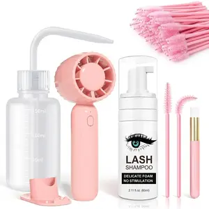 【Mother's Day】2.11oz Lash Shampoo Kit for Eyelash Extensions & Gentle Mousse Cleanser & Mini Pink Handheld Fan - Easy for Beginners & Makeup Care