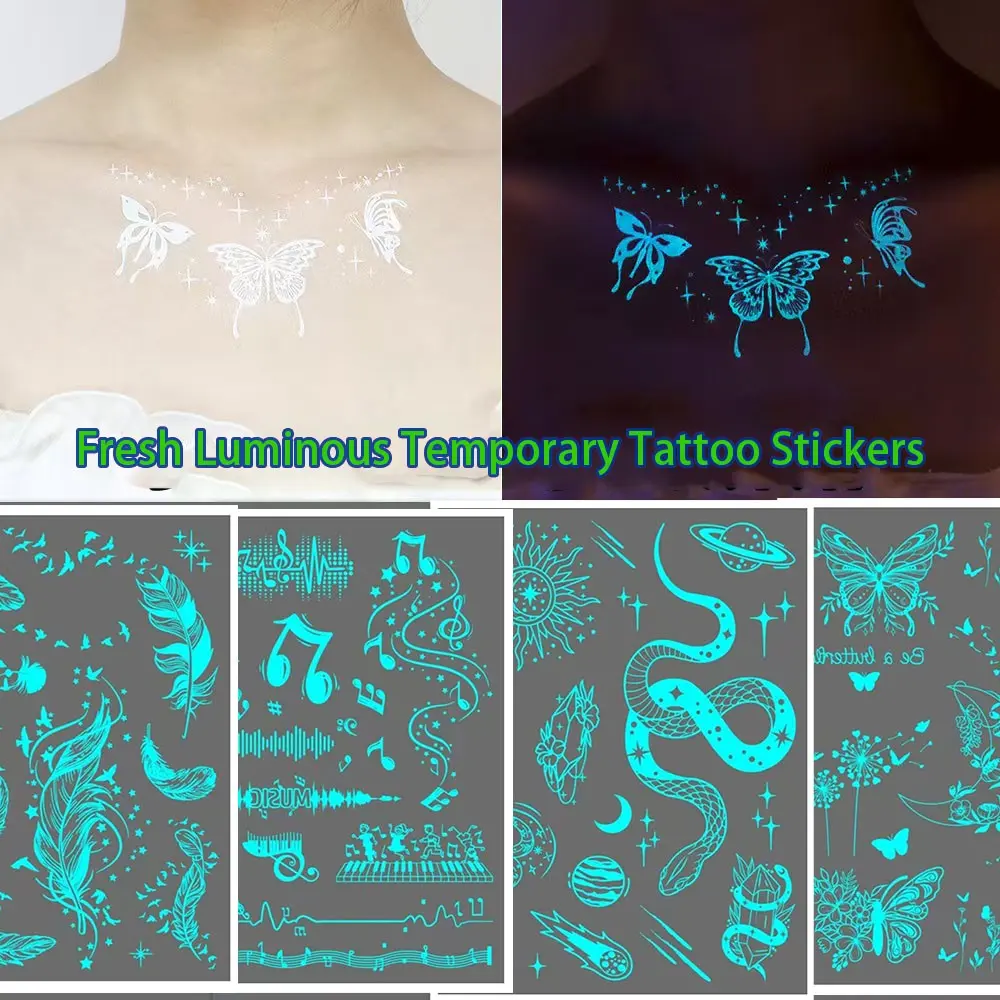 4 Pcs Glowing Blue Tattoo Stickers for Women, Feather Snake Butterfly Designs, Fake Tattoos for Face Chest Arm Hand Finger, Wedding Nightclub Use, Temporary Tattoo Stickers