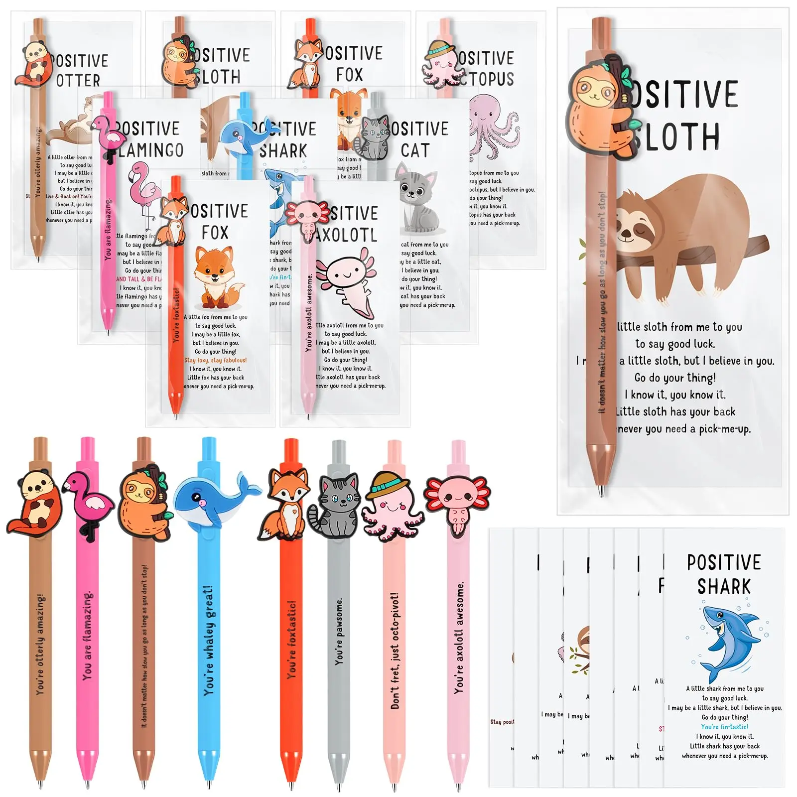 16/32 Sets Animal Design Positive Ballpoint Pens Back to School Gifts with Inspirational Cards Class Exchange Party Favors Employee Appreciation Gifts Emotional Support for Coworker Nurse Teacher Student Office School Supplies