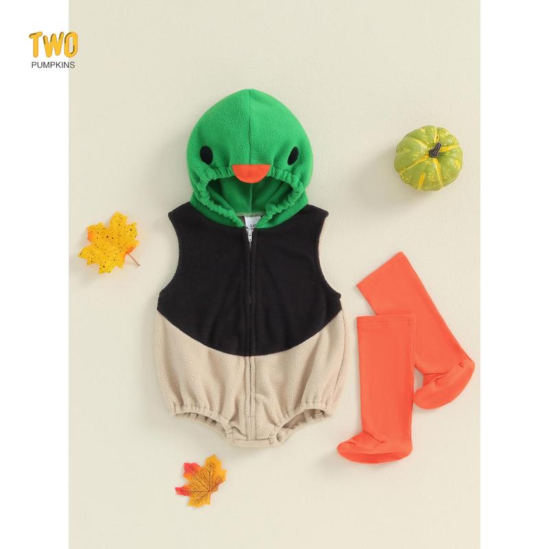Baby Duck Costume, Sleeveless Hooded Zipper Closure Romper with Leg Warmers Halloween Cosplay Costume