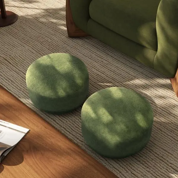Moss Green Fleeced Teddy Fabric Mushroom-Inspired Footstool Ottoman - 15-in Round Whimsical Shape, Fully Assembled, 200 lbs Capacity, Compact Space-Saving, Functional Décor, Playroom & Bedroom Use, Supportive Seat, Window Seat