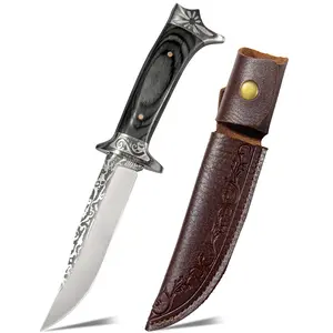 4.92 Inch Fixed Blade Outdoor Utility Knife, Engraved Stainless Steel Blade with Wood Handle & Embossed Leather Sheath, Heavy-Duty Camping Hunting Tool for Men