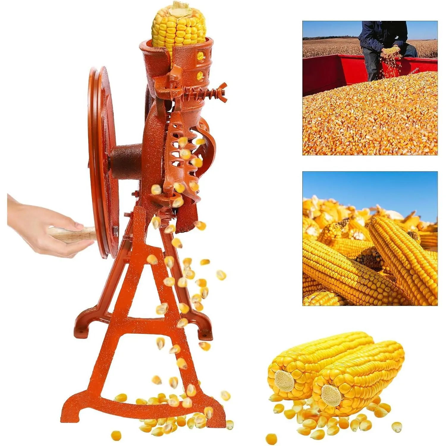 Hand Corn Sheller with Wooden Handle Cast, 2-in-1 Corn Thresher, Corn Sheller Machine Hand Crank, Dry Corn Sheller Iron Corn Shelling Machine for Small Farm and Household Usage (Orange)