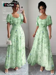 2026 Summer New European and American Style Women's Ruffle Sleeve Butterfly Print Slim Fit Breathable Elegant Dress, Fashionable and Stylish Clothing, Casual Wear, Womenswear