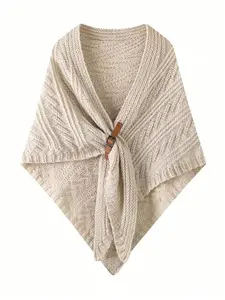 Women's Spring/autumn Shawl, Leather Buckle Design, Thick Triangular Cloak Outwear, Elegant Loose-Fitting Knitted Scarf