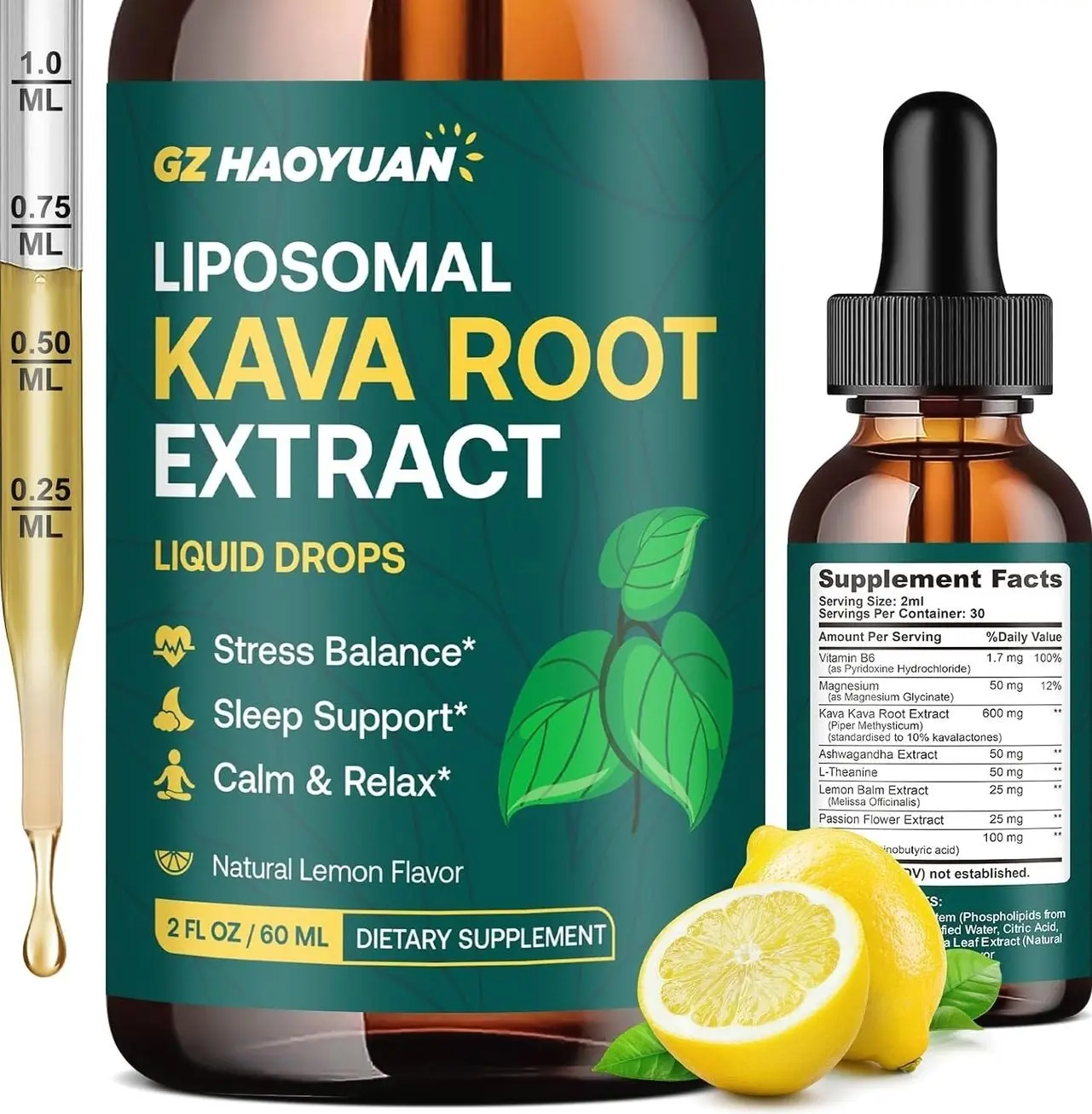 Liposomal Kava Kava Drops for Calming & Relaxation – Kava Root Extract Supplement with GABA, Ashwagandha & Magnesium - Support Mood & Better Sleep, Fast-Absorbing Vegan Kava Liquid Drops Lemon 2 Fl Oz