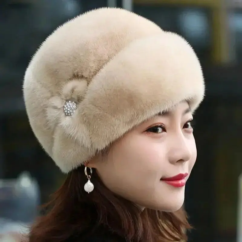 Winter Hat with Russian Floral Decor - Thickened, Luxury, Solid Color. Thermal for Autumn & Winter, Ideal for Middle-aged Women. Keeps Warm, Perfect for Outdoor Use. Combines Warmth with Elegant Floral Accents, Suitable for Cold Days.