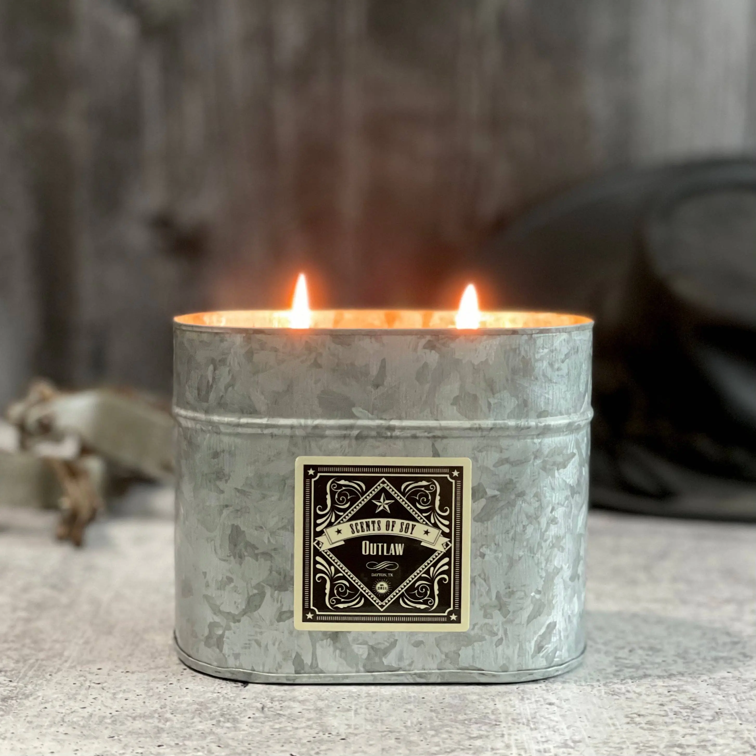 Outlaw Hand-Poured Galvanized Oval Tin Soy Candle - Fragrance Aroma Scent for Home Decor